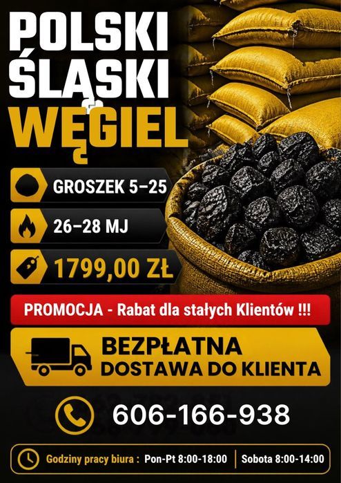 POLSKI ŚLĄSKI WĘGIEL — Węgiel Groszek , 5–25 MM — 40 WORKÓW, 1000 KG