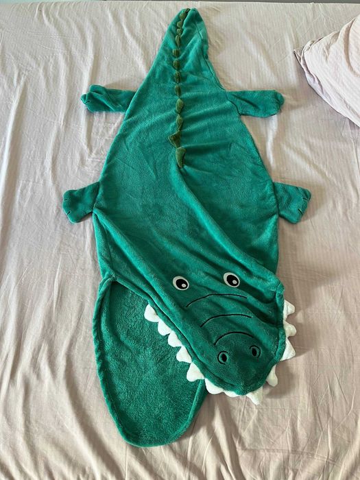 Saco-cama crocodilo para criança, manta polar verde com capuz