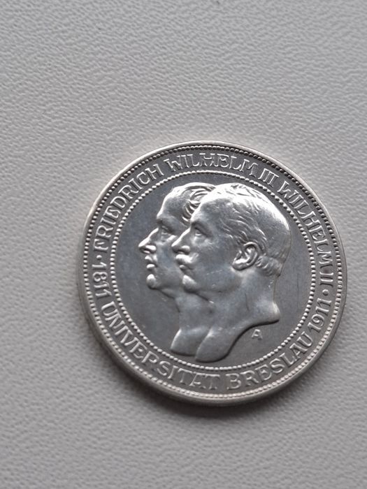Prusy Srebrne 3 marki 1911 A – 100-lecie Uniwersytetu we Wrocławiu (Breslau) Bardzo ładna