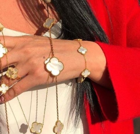 Люкс Браслет Van Cleef Ван клиф клевер малахит оникс жемчуг цепочка