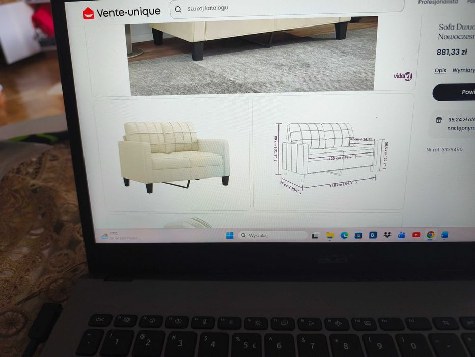 2 osobowa sofa kremowa z ekoskóry