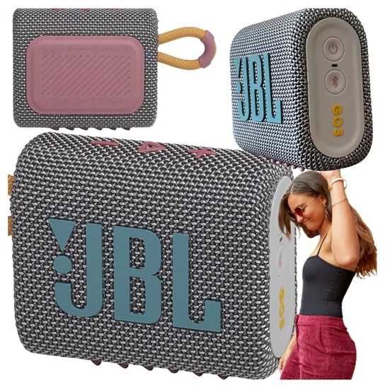 Nowy głośnik Bluetooth JBL GO 3 w kolorze szaro-różowym.