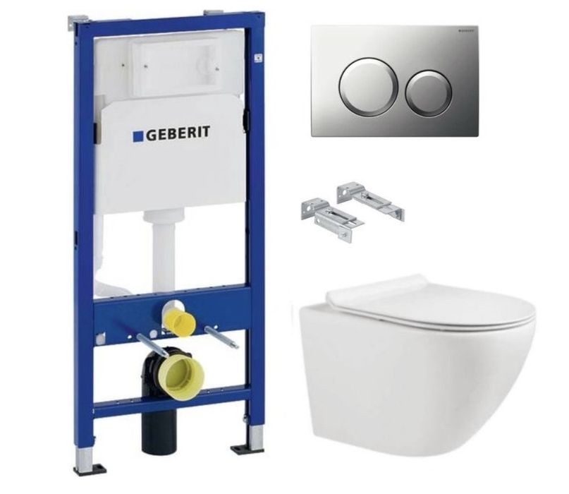 Інсталяція GEBEEIT з хромоввною клавішею + безобідковий унітаз Rimless