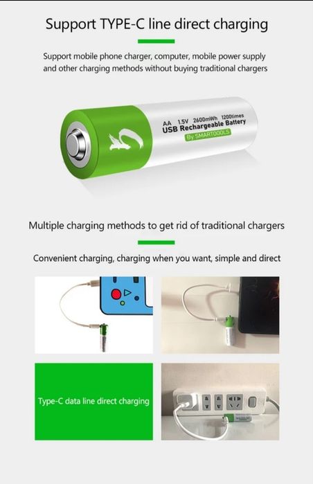 Акумулятор USB C АА, ААA, D1, R14, CR2 Крона CR123 батарейка Smartools