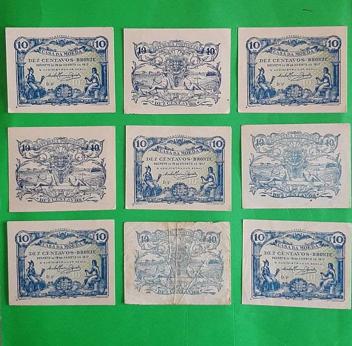 9 Cédulas Portuguesas de 10 Centavos de 1917. Muito bom estado. Raras