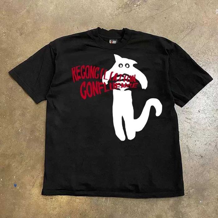 Koszulka czarna z grafiką białego kota streetwear casual uniseks
