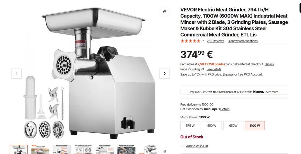 NOVO - Moedor de carne elétrico VEVOR, 1100 W (6000 W) € 350