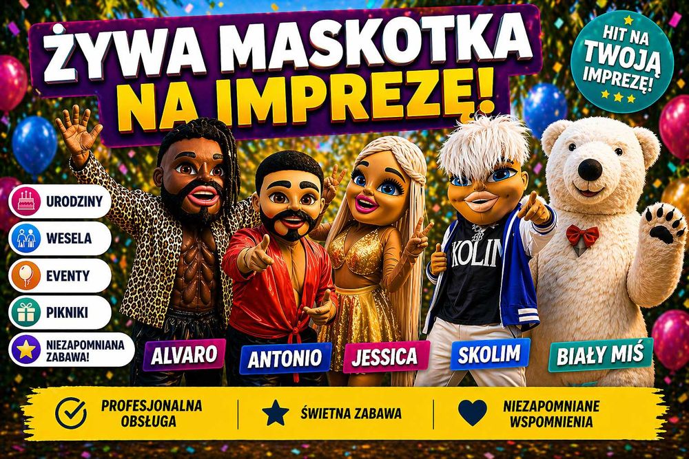 Biały Miś Skolim Tancerz Alvaro lalka Tancerka Jessica Żywa Maskotka