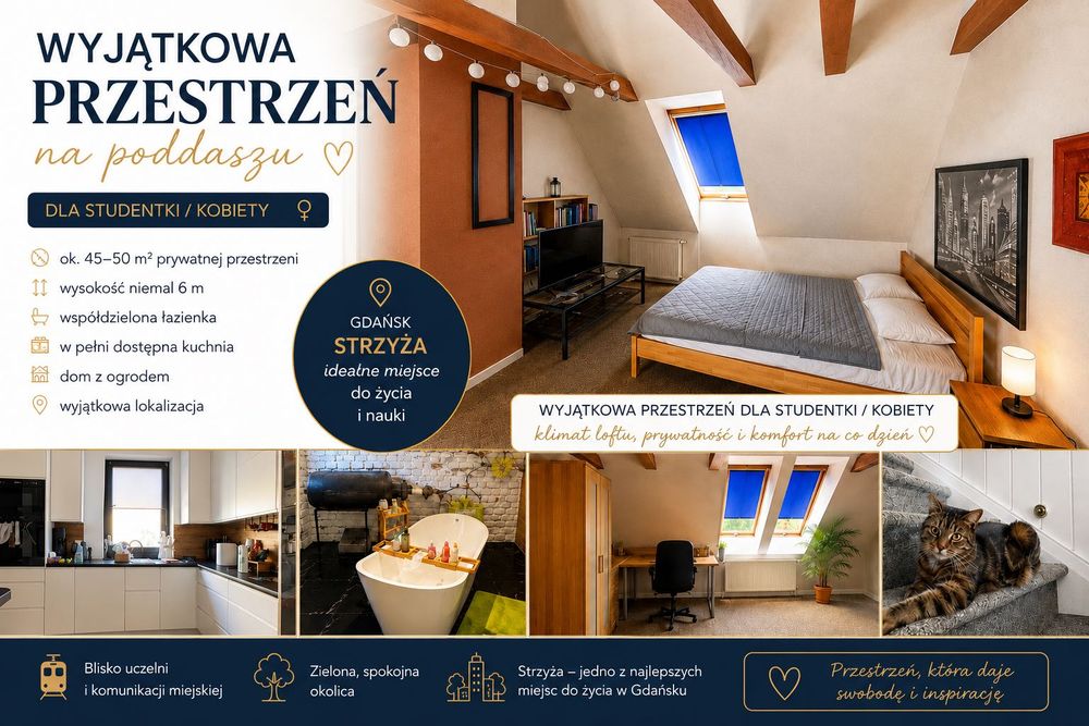 pokój do wynajęcia o powierzchni 42m2 na poddaszu, przytulny, osiedle Strzyża,