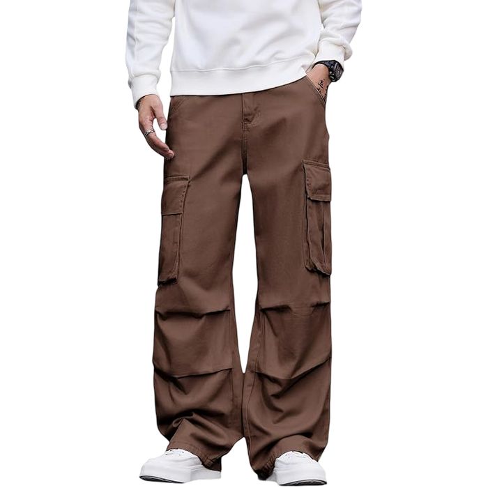 Męskie spodnie cargo baggy - szerokie nogawki - brązowe XL