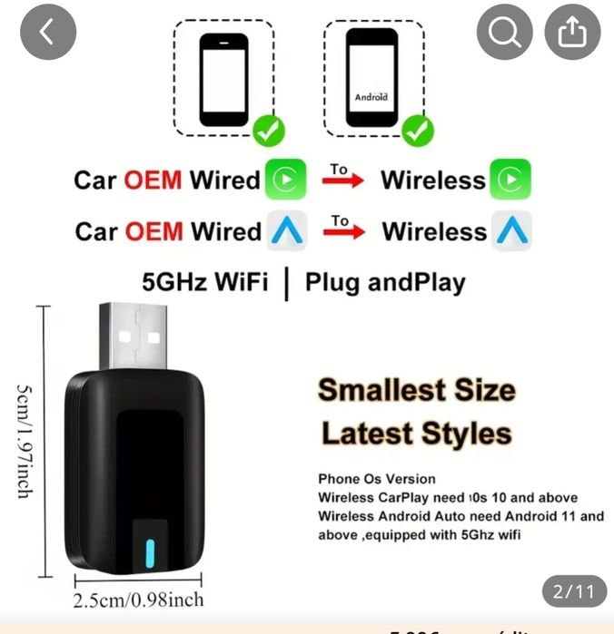 Adaptador USB sem fios 2 em 1 para CarPlay e Android Auto,