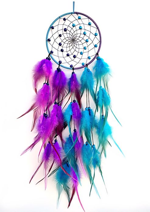 Fioletowo - turkusowy łapacz snów z piórkami w stylu boho
