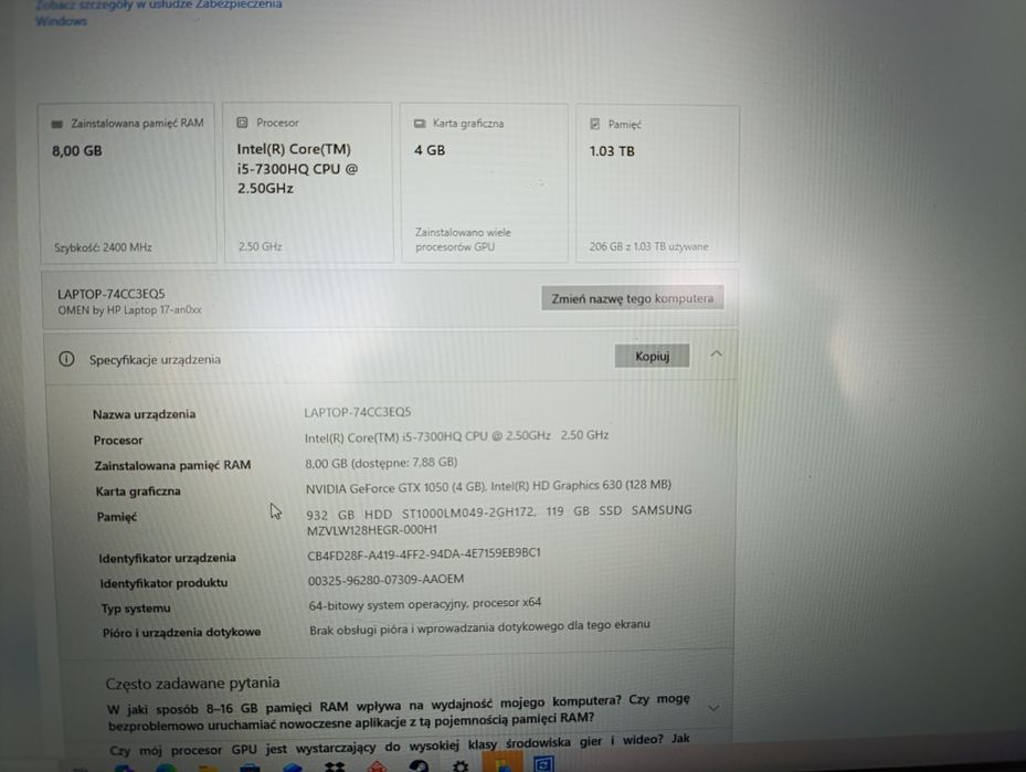 Laptop Omen i5 / GTX 1050 / 8 GB