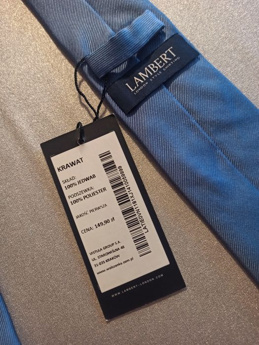 Niebieski krawat, Lambert, nowy, 100% jedwab