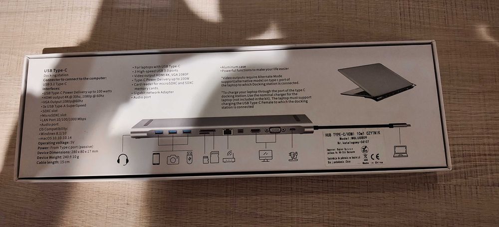 Stacja Dokująca USB-C -> 10w1 (usb, vga, hdmi, lan, SD, audio)