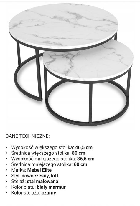 Zestaw Stolik Kawowy Okrągły 2w1 Ława Loft Biały Marmur Czarny DAFNE M