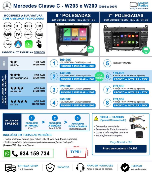 (GARANTIA) ANDROID: Auto Rádio GPS Mercedes Benz Class C - W203, W209 | CARPLAY • ANDROID AUTO