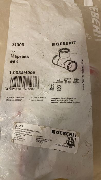 Trójnik Geberit 21008 Mapress C-Stahl równoprzelotowy d54