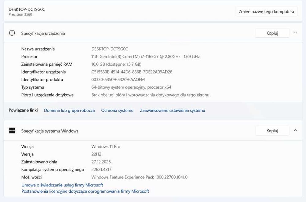 Dell Precision 3560 i7 1165G7 16 GB DDR4 1 TB SSD T500 2GB GDDR6 15,6"