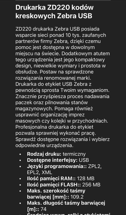 Drukarka zebra termotransferowa +2 nowe rolki kalki