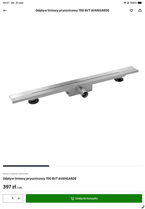 Sprzedam odplyw liniowy prysznicowy 70 cm BVT Avangarde nowy