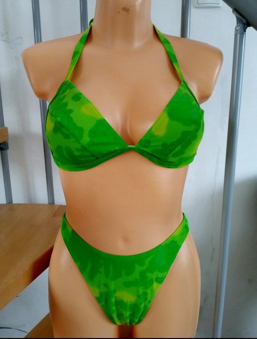 Strój kąpielowy trzyczęściowy neonowa zieleń spódnica kąpielowa bikini