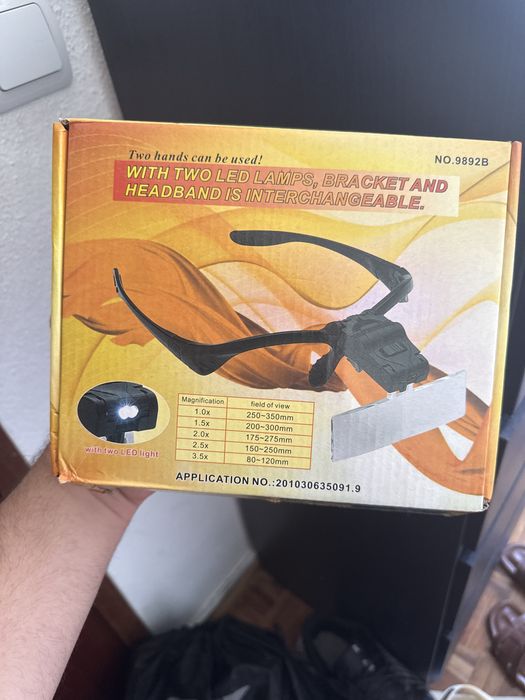 Óculos de ampliação com lupa e luz.