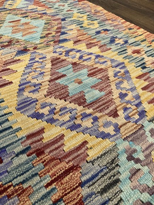 Tapete Kilim oriental feito à mão em lã natural 307x83cm - Novo