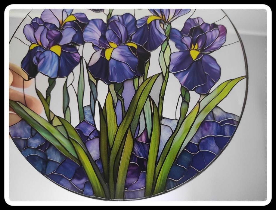 Nowy witraż witrażyk dekoracja okienna kwiaty irysy