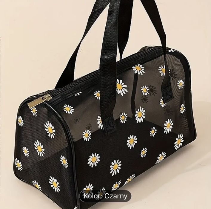 Pojemna czarna kosmetyczka/ torba w stokrotki