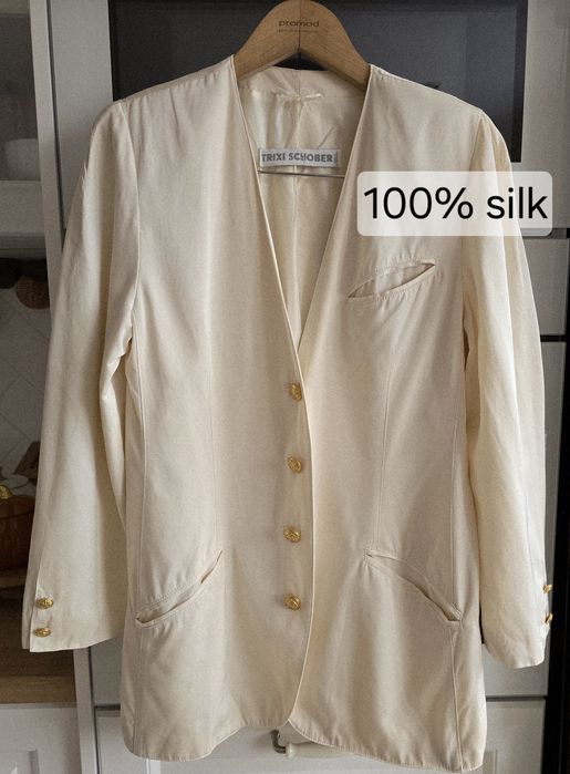 Marynarka jedwabna vintage r.36 premium elegancka przedłużana kremowa