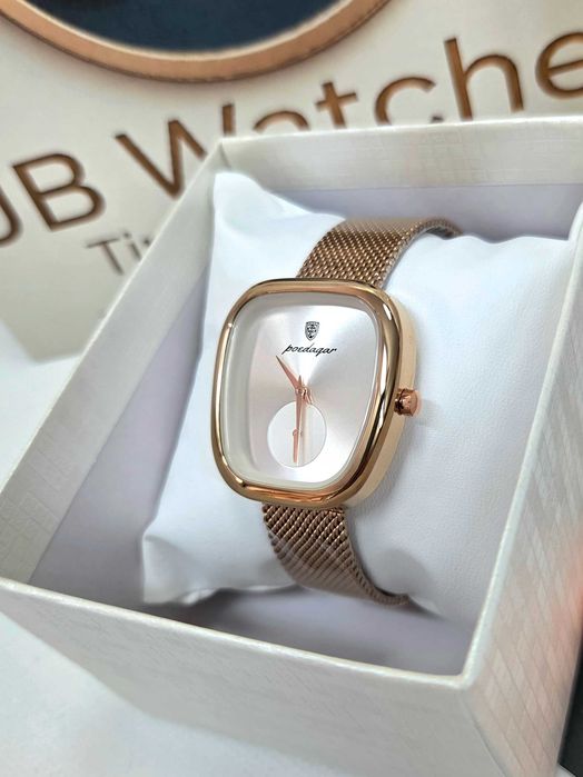 Relógio Poedagar feminino – Rose Gold – Mostrador prateado – Bracelete Mesh