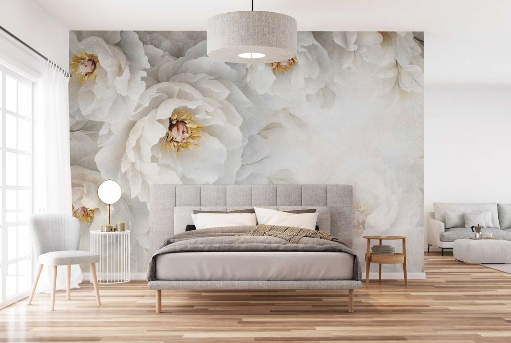 Fototapeta Biały Kwiat Porcelana Złoto Beż 3D Twój Rozmiar + KLEJ