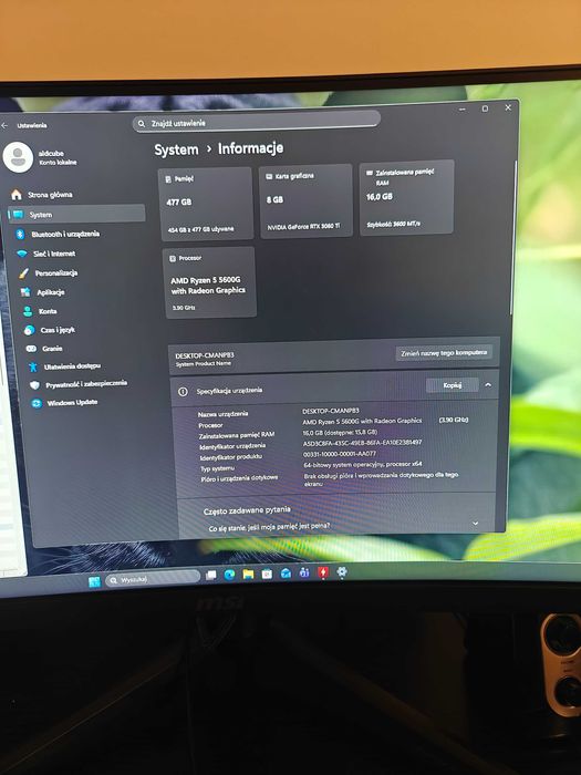 Ryzen 5 5600g rtx3060ti,16ram,512m2,solidny zestaw dla gracza.
