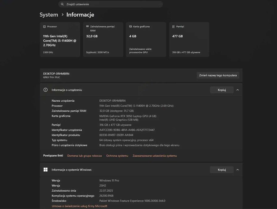 MSI GAMING 15' 144H i5-11400H 32GB SSD512 RTX 3050
