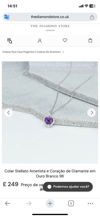 Colar Stellato Ametista e Coração de Diamante em Ouro Branco 9K