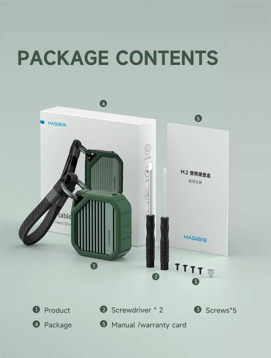 Внешний адаптер HAGIBIS M.2 NVMe 2230 PCIe SSD to USB 3.2 Green карман