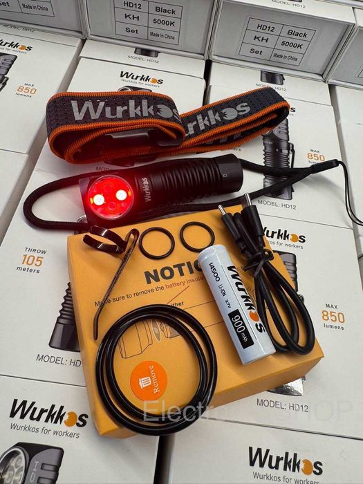 Ліхтар WURKKOS HD12\5000K CRI90\850lm\RED-light\IP68 \USB-C\1,2–4,2 В