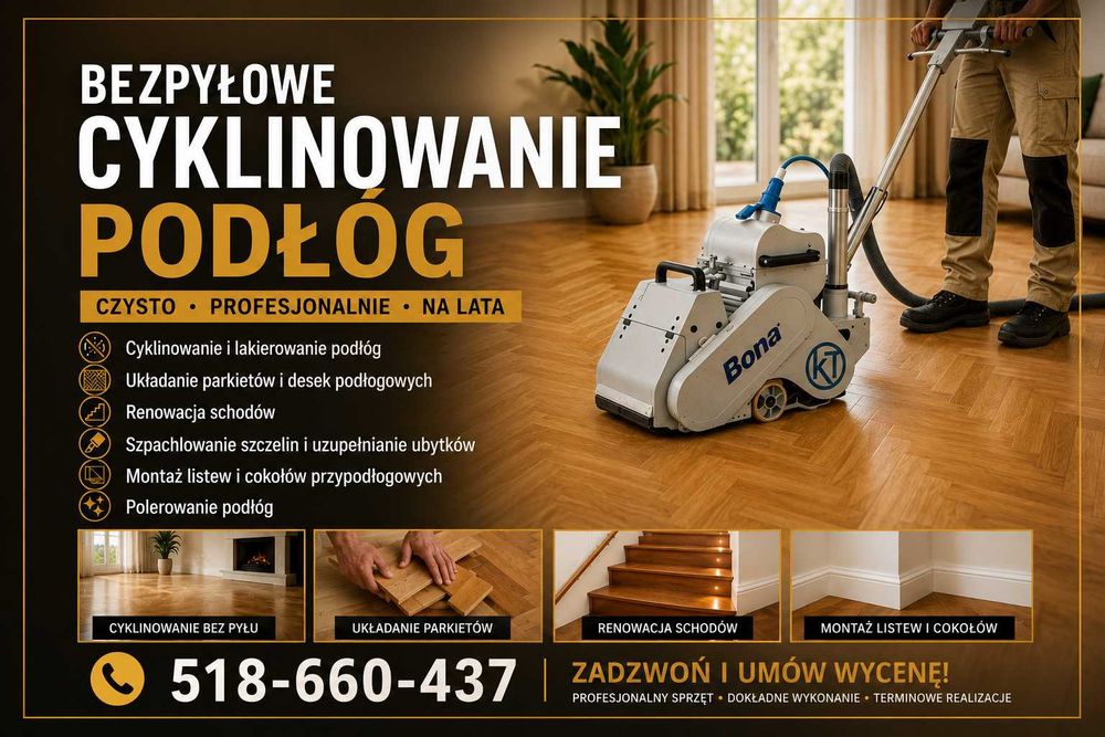 Bezpyłowe cyklinowanie podłóg, renowacje parkietów, schodów.