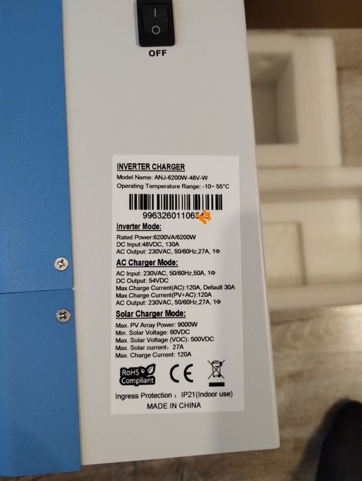 Гібридний інвертор Anenji 6.2 квт, 48v, з wifi