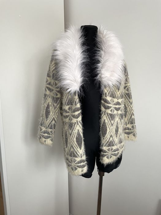 River island kardigan długi  sweter kanarkowy L 40 gruby z futrem