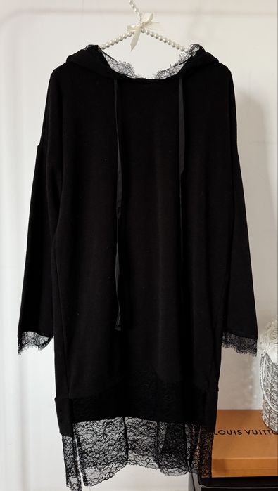 ZARA długa bluza z koronką S czarna kaptur