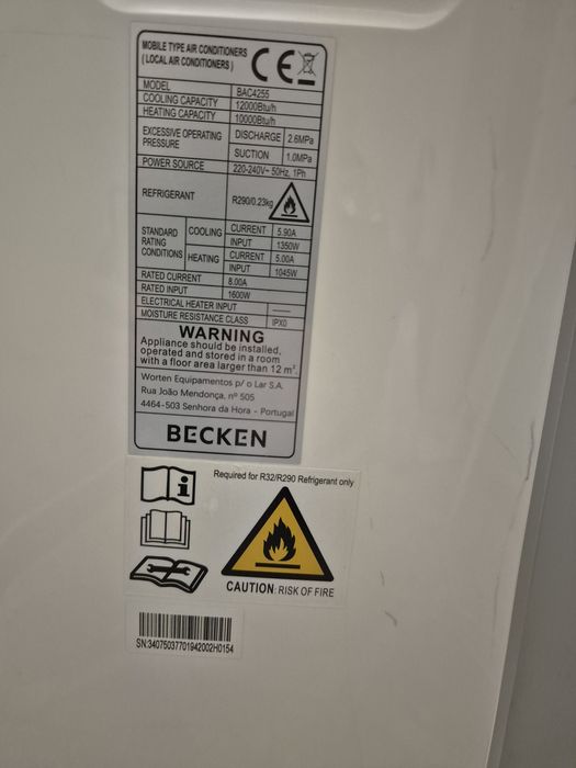 Ar Condicionado Portátil BECKEN BAC4255 (23 m² - 12000 BTU - Branco)