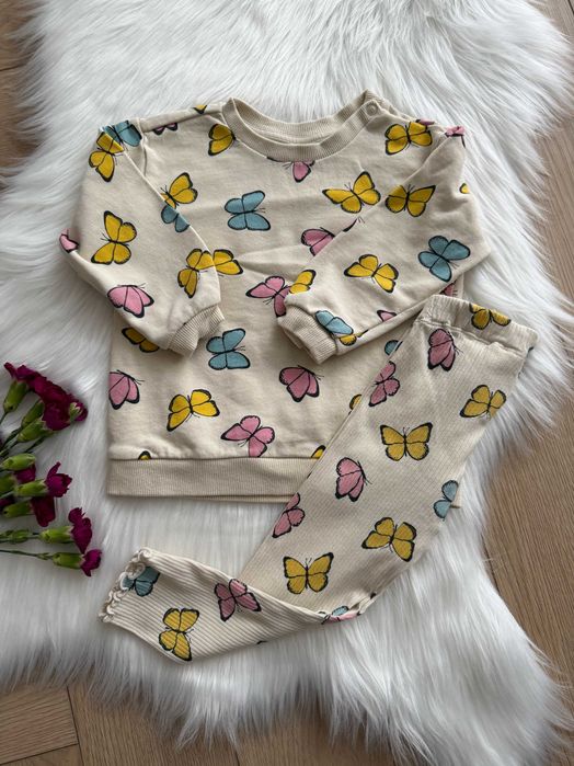 Komplet dla dziewczynki w motylki H&M r 92 kremowy w kolorowe motyle