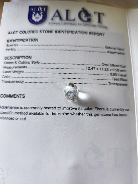 Aqua marinha 6.90 ct certificada