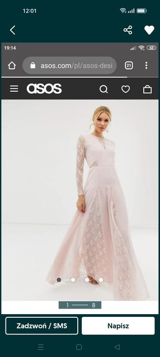 Suknia Asos maxi z koronką, pudrowy róż, rozkloszowana, roz. 38, cudo!