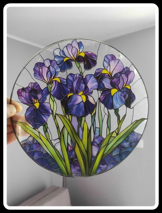 Nowy witraż witrażyk dekoracja okienna kwiaty irysy