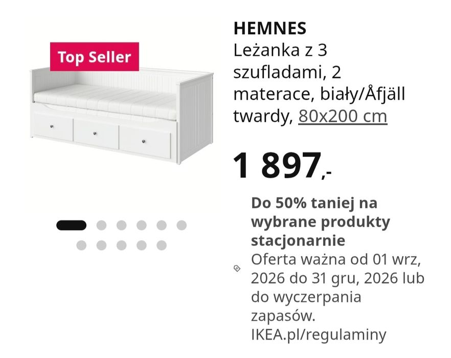 Łóżko HEMNES IKEA 80x200 z materacem + 3 szuflady – białe
