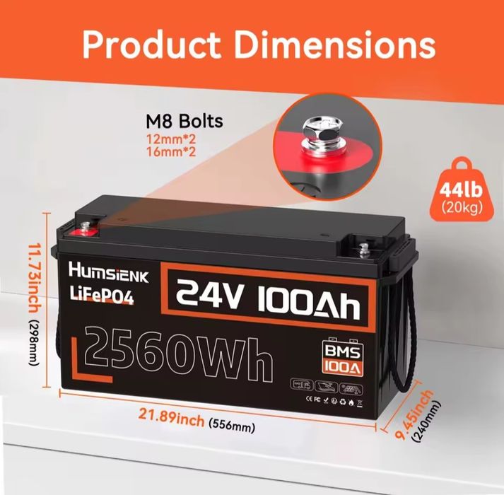 Акумулятор LiFePO4 24V 100Ah 2.56kWh HumSienk Grade A+ | BMS