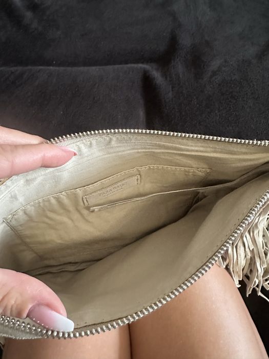 Zara Basic torebka skóra bydlęca frędzle beżowa beż